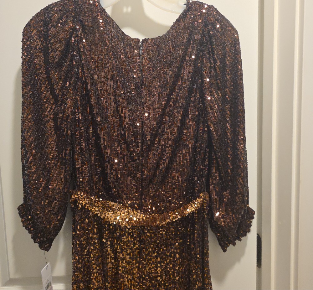 DKNY Two-Tone Bronze Sequin Wrap Midi Dress - Picture 16 of 16